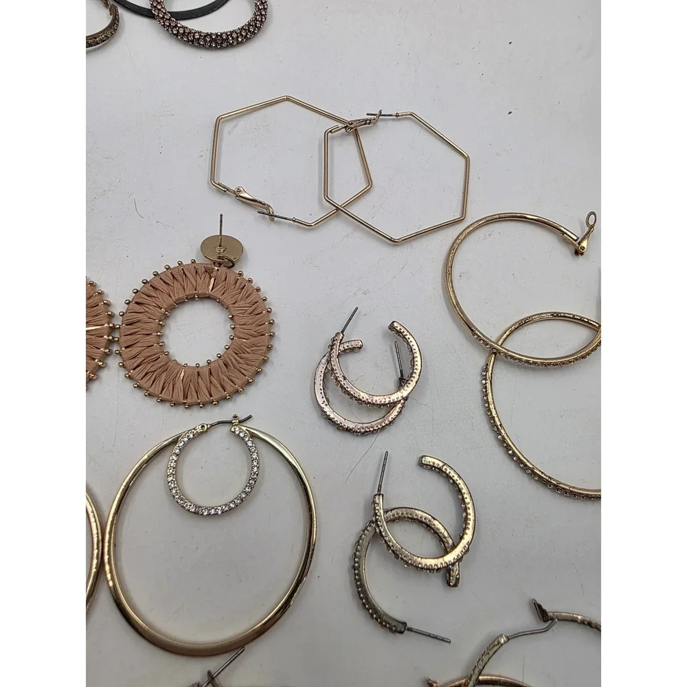 Hoop Earring Lot 12 Pairs Gold Silver Rose Gold Rhinestone Geometric Woven Set